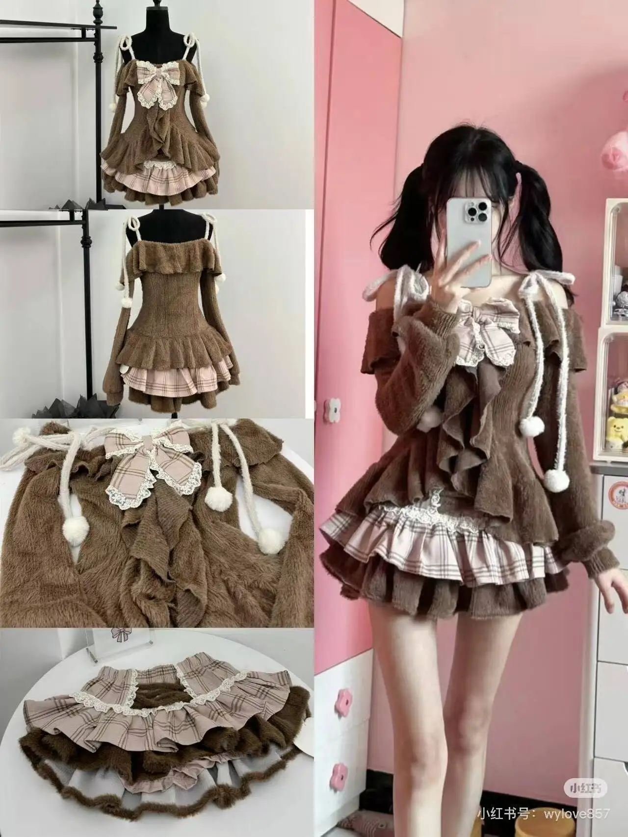 

Japanese Sweet Lolita 2 Piece Sets Women Retro Off Shoulder Bow Blouse Tops Plaid Cake Mini Skirt Girls Kawaii Y2k Slim Outfits