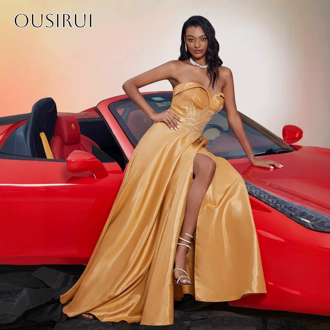 Vestido de fiesta de corte A con escote en forma de corazón con cuentas, tren de barrido dividido de satén, corsé en la espalda plisado, personalizado, facebookдебное pлаokubе