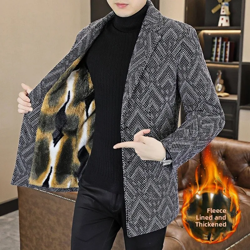

Элитное мужское шерстяное пальто-пиджак 2025 года, новая модная утепленная модель средней длины с флисовой подкладкой, приталенный крой, зимнее, для молодежи