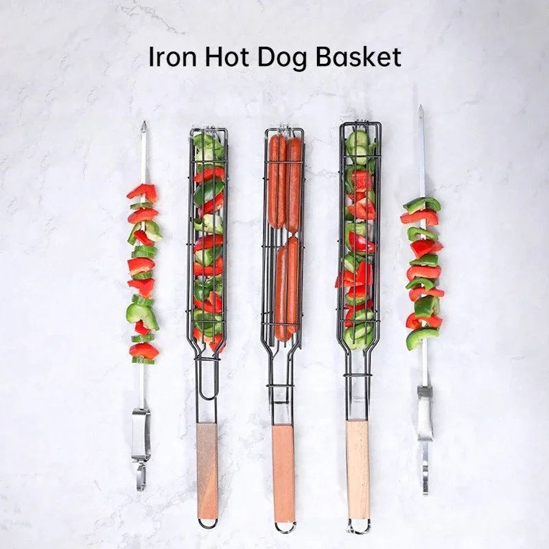 BBQ Cage, Sausage Grill, Wooden-Handled BBQ Basket, Meat Tongs, and Sliding Stainless Steel Skewers Combo Set—BBQ Grill