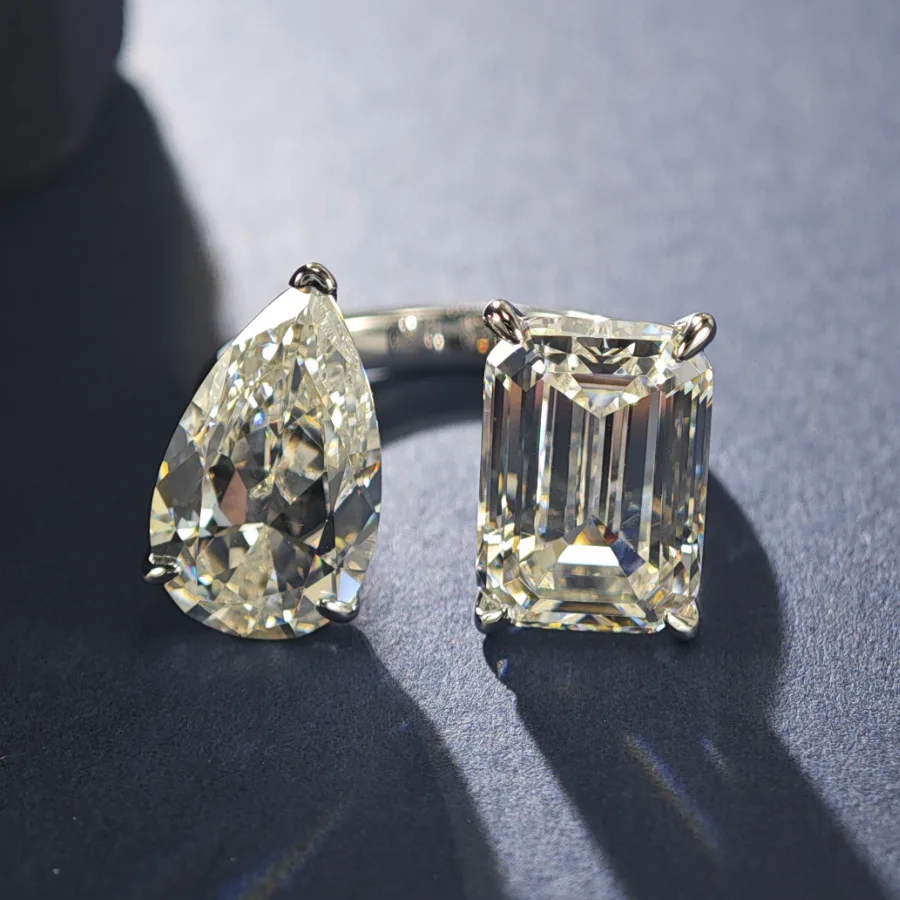 

Nexil Jewelry 12ct Twin-Stone Moissanite Ring for Women, PT950 Platinum, Pear & Square Cut, Open Adjustable & Dazzling