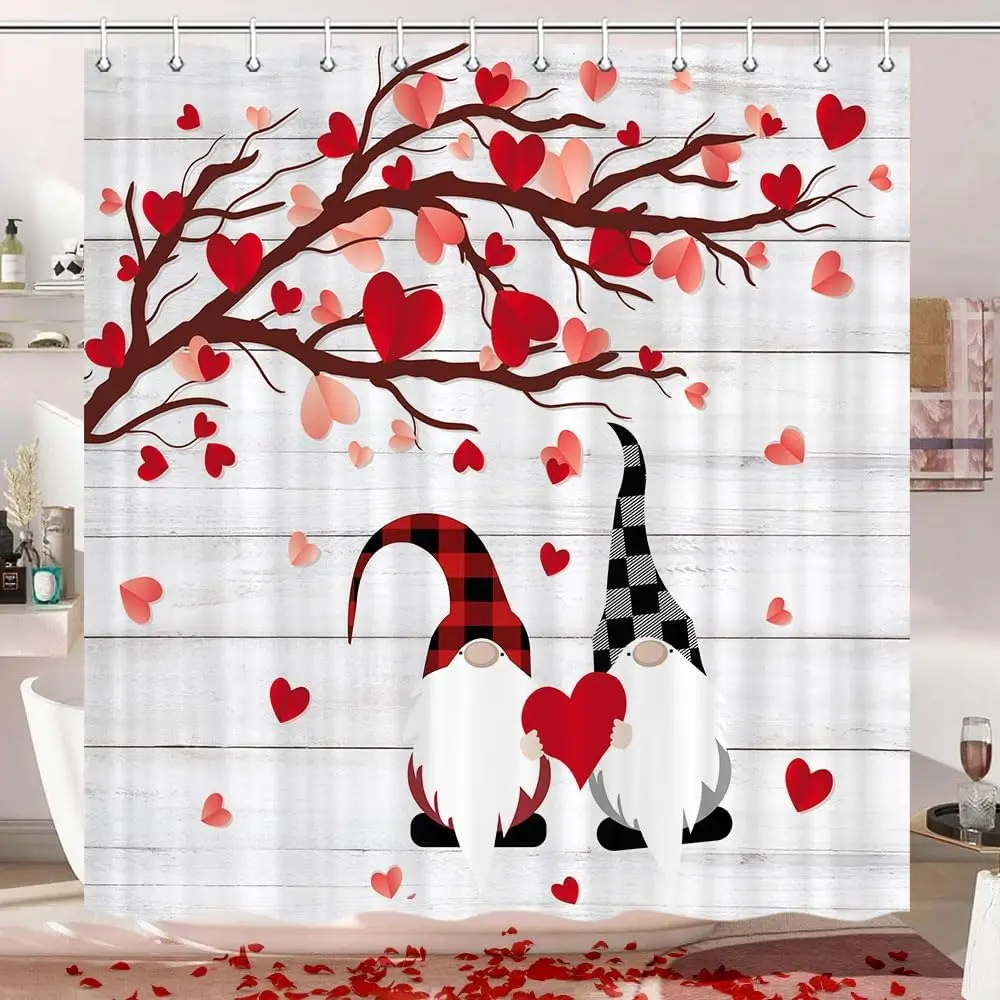 

Занавеска для душа на День святого Валентина — романтический дизайн с акварельными красными сердечками и милыми гномами, декор для ванной комнаты идеально подходит для Дня святого Валентина