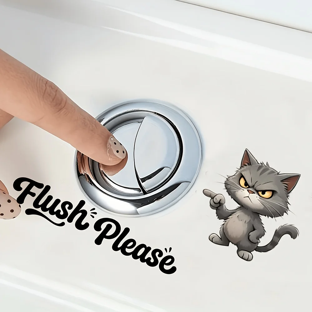 Please Flush Cartoon Kitten Toilet Button Sticker, Self-Adhesive Suitable for Bathroom Toilet Seat Decor Waterproof Decals S1042