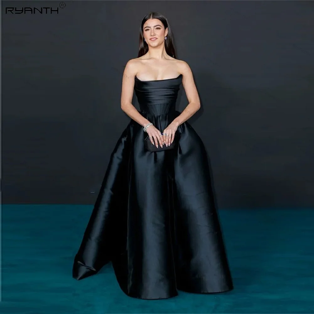 

Ryanth Black Strapless Evening Dresses Satin Sexy A-line Prom Dress Party Gowns Sleeveless Puffy Celebrity Dress