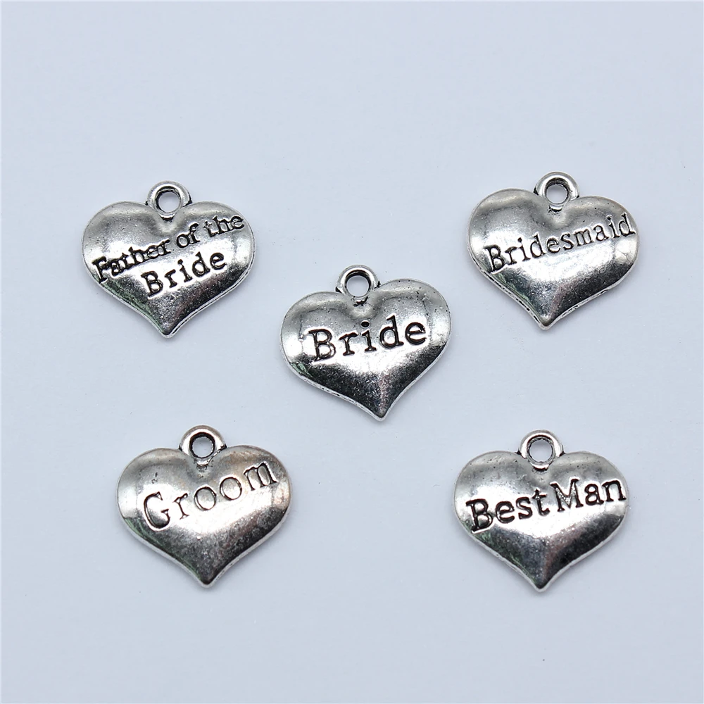 10pcs Antique Silver Color Double-Sided Wedding Members Bridemaid Bride Groom Best Man Heart Charms For Jewelry Making