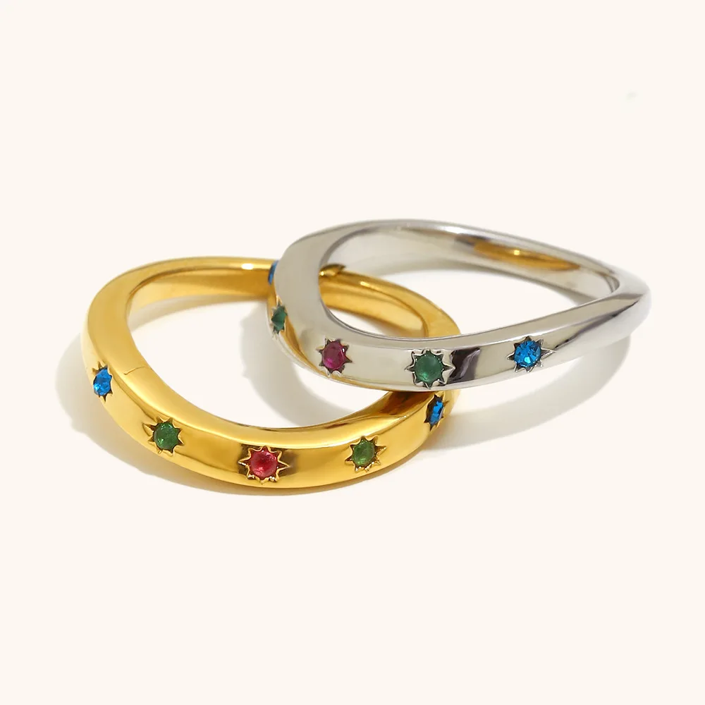 Dreamshow Trendy 18K Gold Plated Stainless Steel Narrow Band Ring Waterproof Star Zirconia Party Gift for Women
