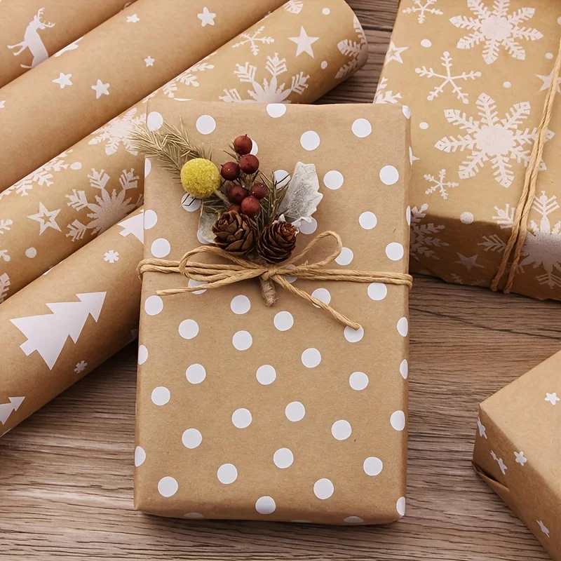 Christmas Gift Wrapping Paper Roll Kraft Paper Brown with White Pattern Environmentally Friendly Paper Gift Wrapping Paper