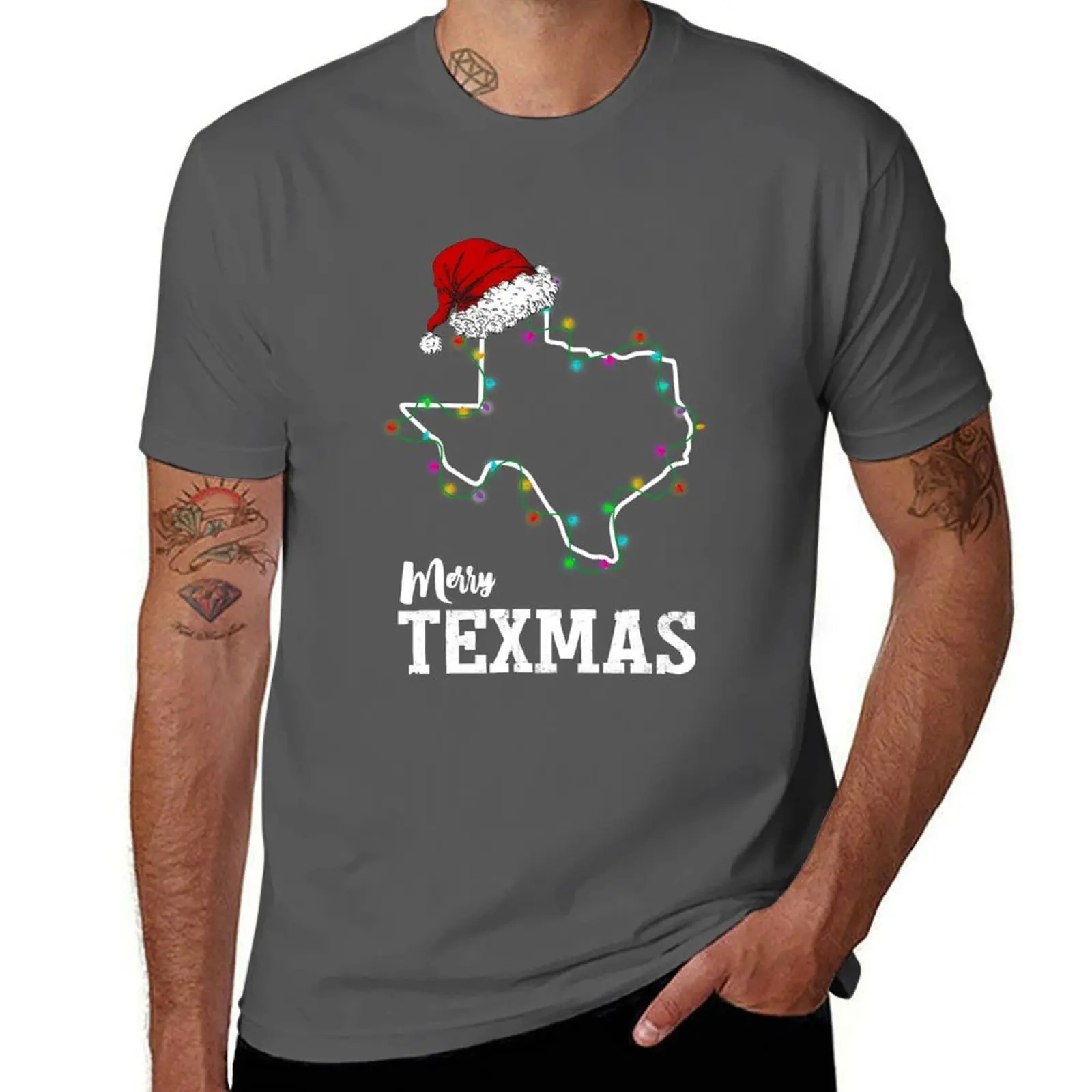 

Merry Texmas Texas State Christmas Light Outline With Santa Hat T-Shirt Soft Lightweight Cotton T-Shirt