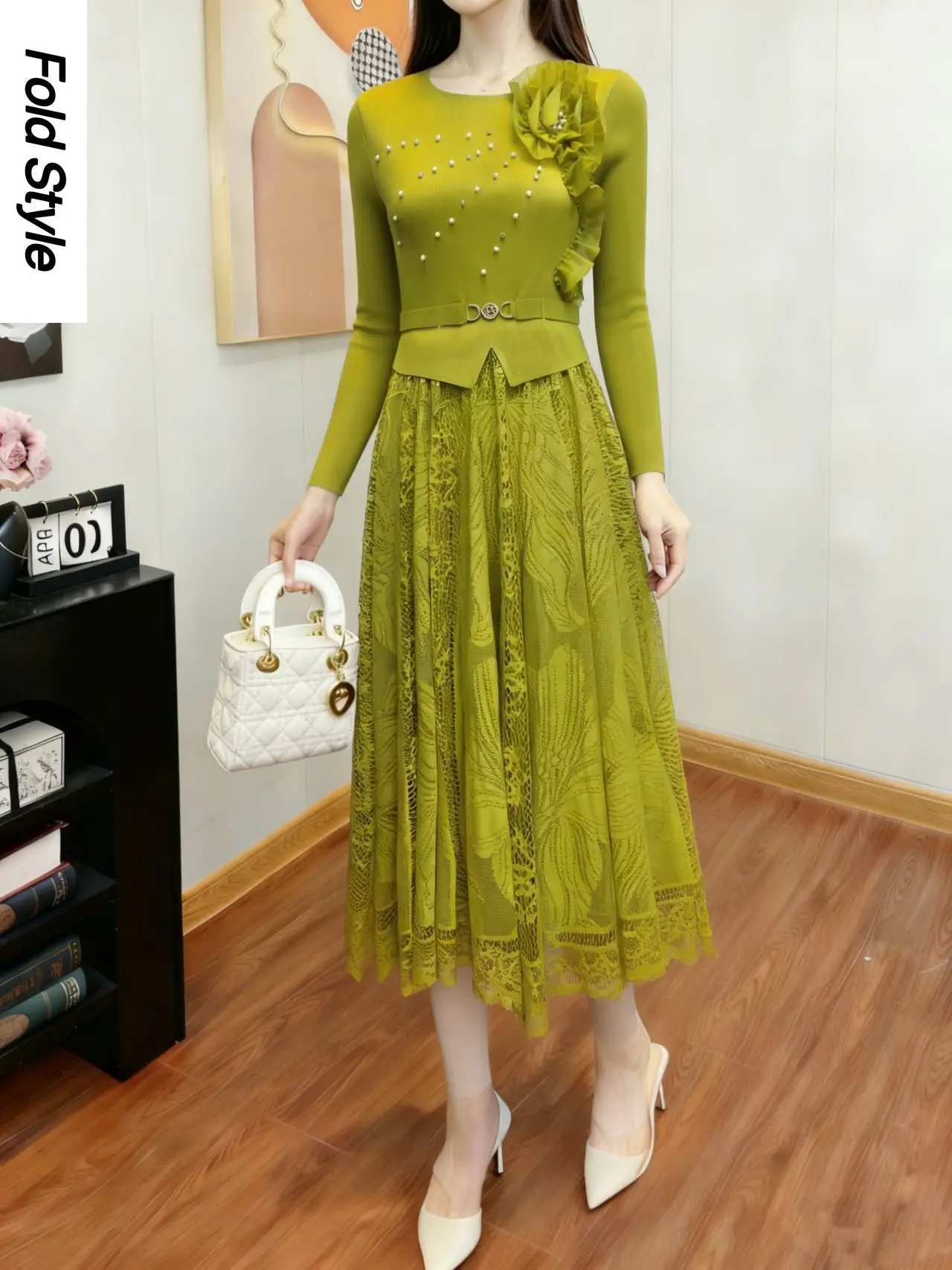 

Miyake Новое длинное осенне-зимнее платье с длинными рукавами, темпераментное модное плиссированное платье, универсальная тонкая кружевная юбка