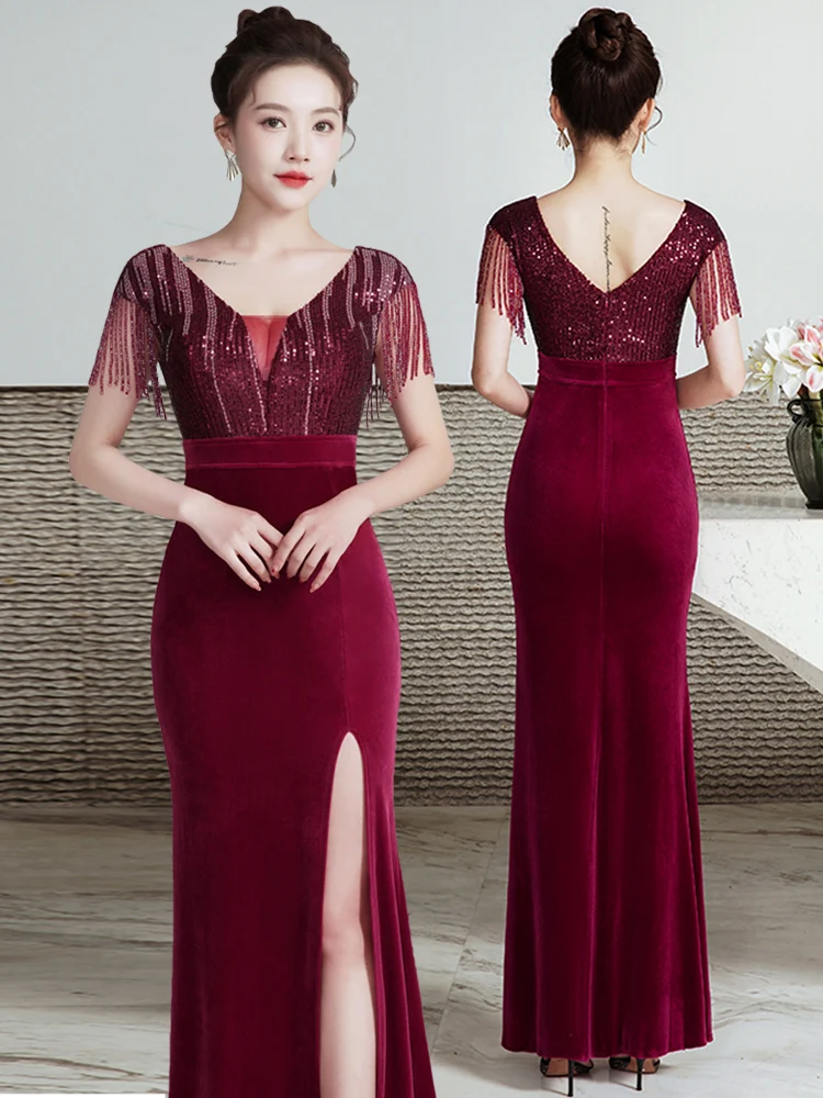 

Сексуальное длинное вечернее платье для женщин: для ночных клубов, караоке, работы, массажных салонов, с глубоким V-образным вырезом, фасон «рыбий хвост»