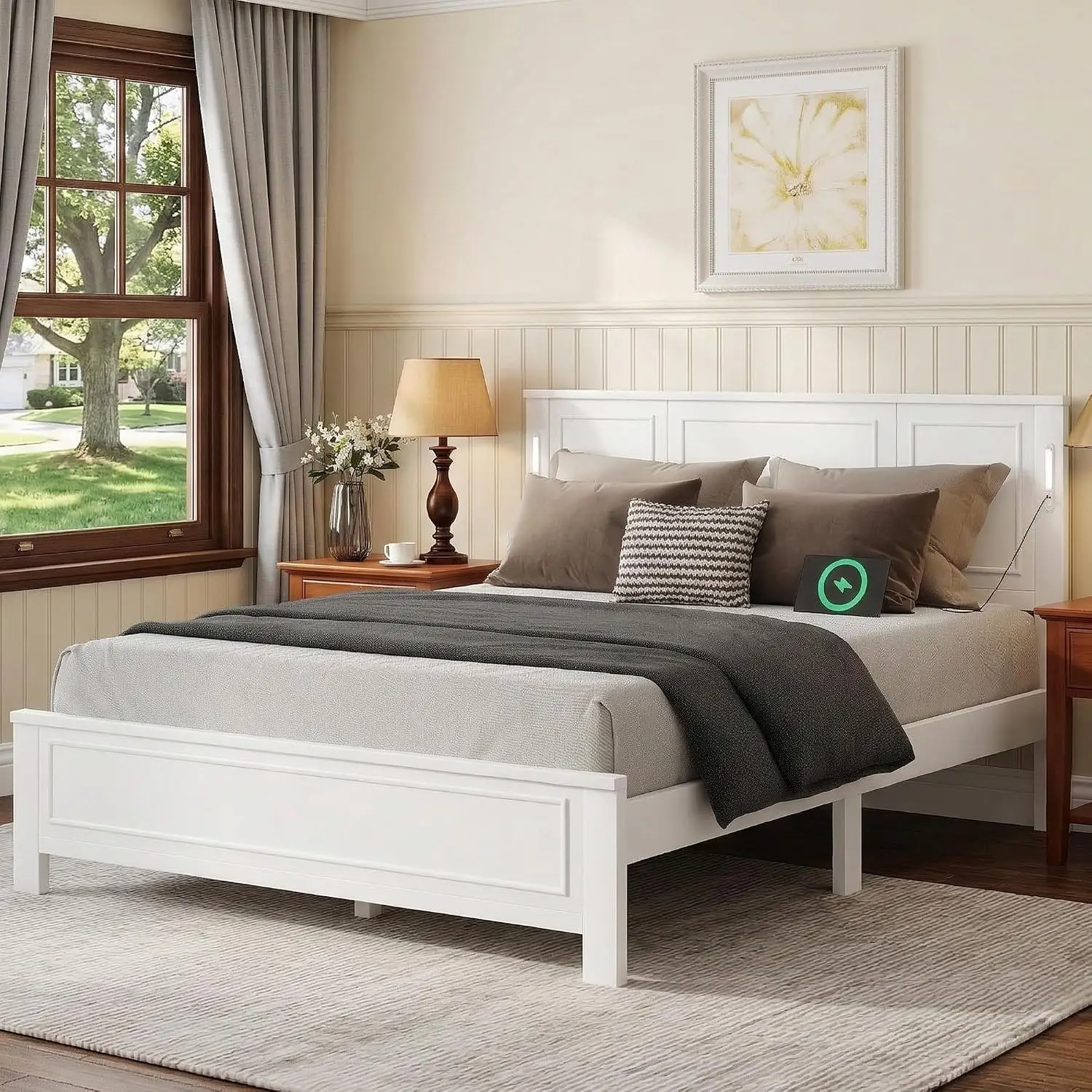 Queen Bed Frame with Headboard, Queen Size Pinewood Platform Bed Frame with LED Lights and USB Charging Station,, Customized