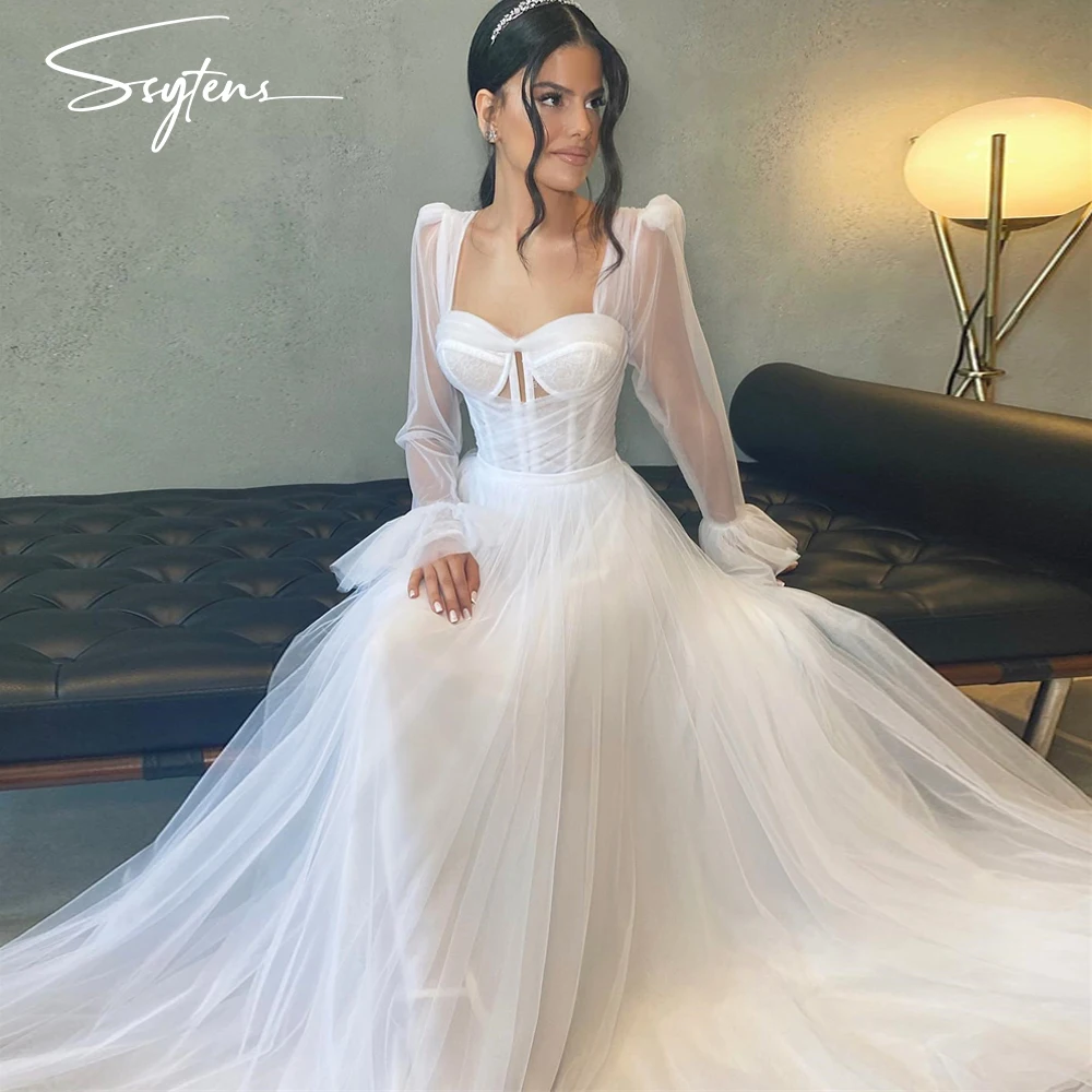 Gaun pernikahan garis A elegan jubah pengantin lengan penuh Satin gaun pengantin panjang selantai gaun pengantin wanita kustom Satin gaun pengantin