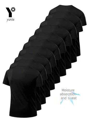 Imagen 2 del producto Camiseta de tripulación, 10 Uds., camiseta negra ultraligera para hombre, transpirable de secado rápido para Fitness, gimnasio, correr, cuadros ligeros, manga corta de secado rápido