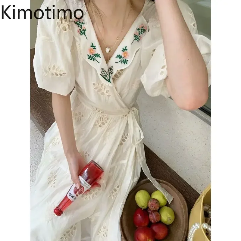 Kimotimo Women Dress Fairy Embroidery V Neck Hollow Out Waist A Line Long Dresses 2025 New Retro Elegant Puff Sleeve Beach Robe