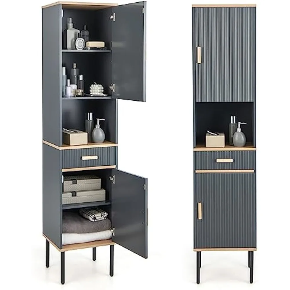 

tall bathroom cabinet, freestanding storage cabinet w/doors cabinet, open compartment & drawer, narrow tower w/ 3-position adju