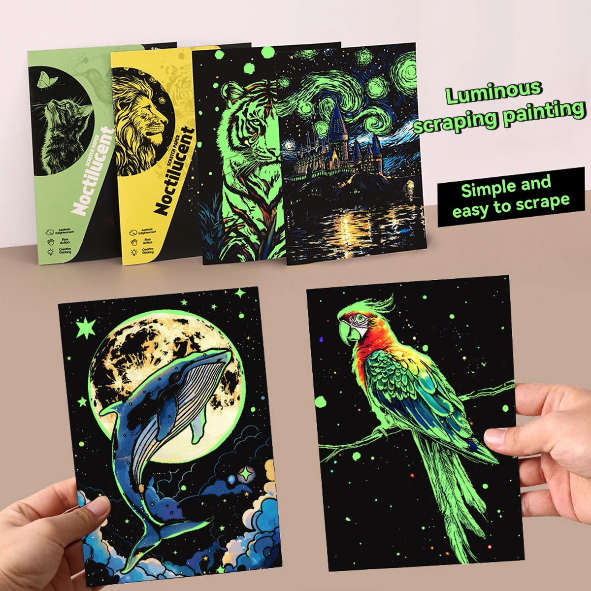 4 Pcs/Set A5 Noctilucent DIY Colorful Scratch Painting Castle Lanscape Cute Animal Night View Manual Scratch Painting Drawing