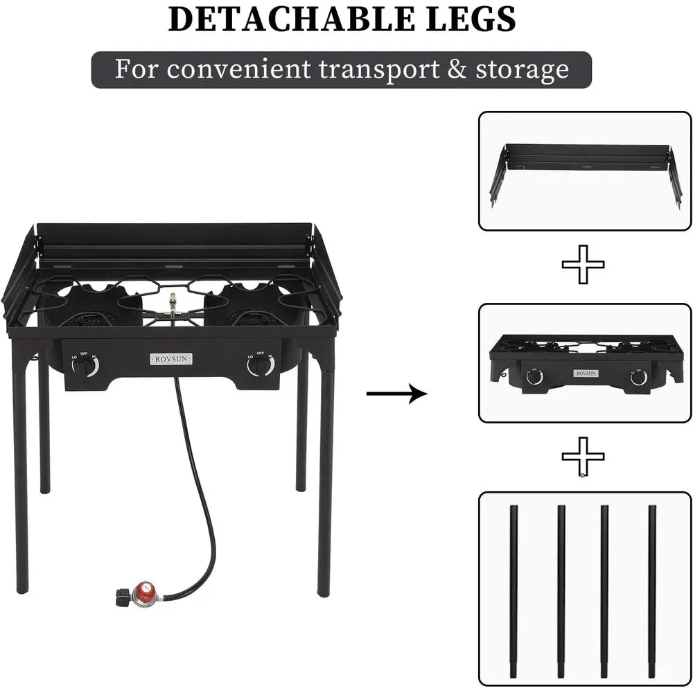 Portable Propane Burner Stove with Windshield & Bag, Heavy Duty Iron for Outdoor Cooking