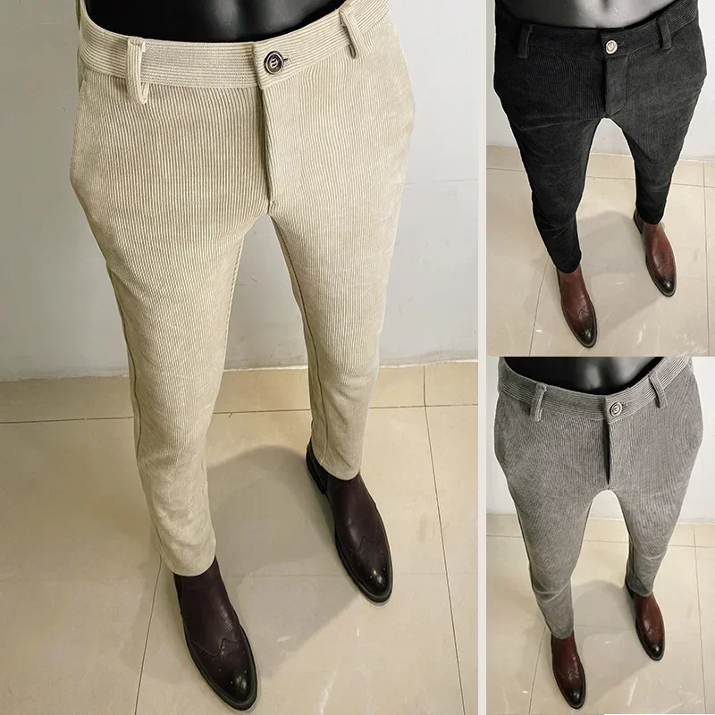 Men Casual Pants 2023 Winter New Woolen Thicken Keep Warm Formal Trousers Pantalones Hombre Solid Slim Suit Pants Men Clothing