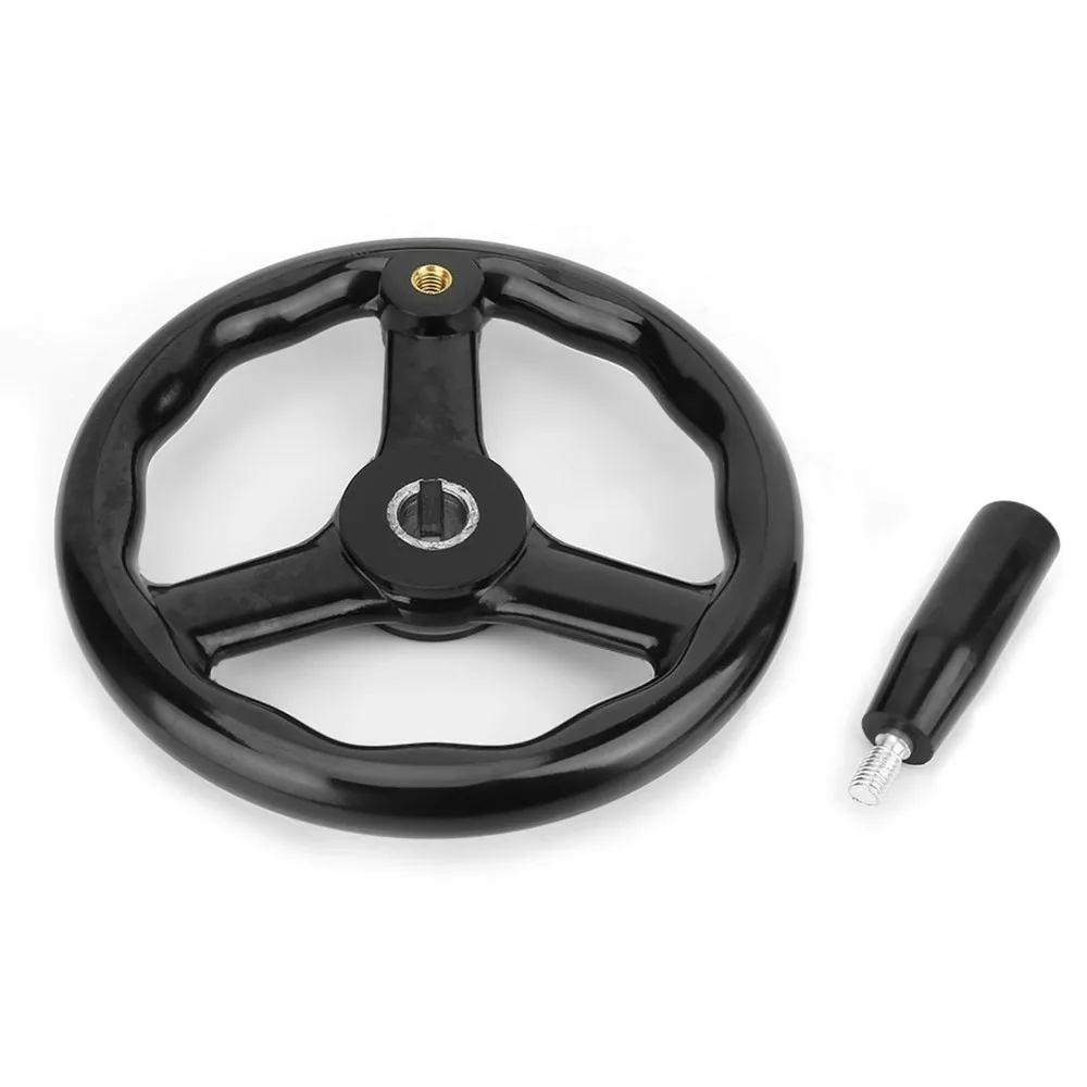 Bakelite Material Lathe Handwheel 18mm Thread Hole 200mm Diameter 3 Spoked Handwheel Black Color With Handle Round Handwheel