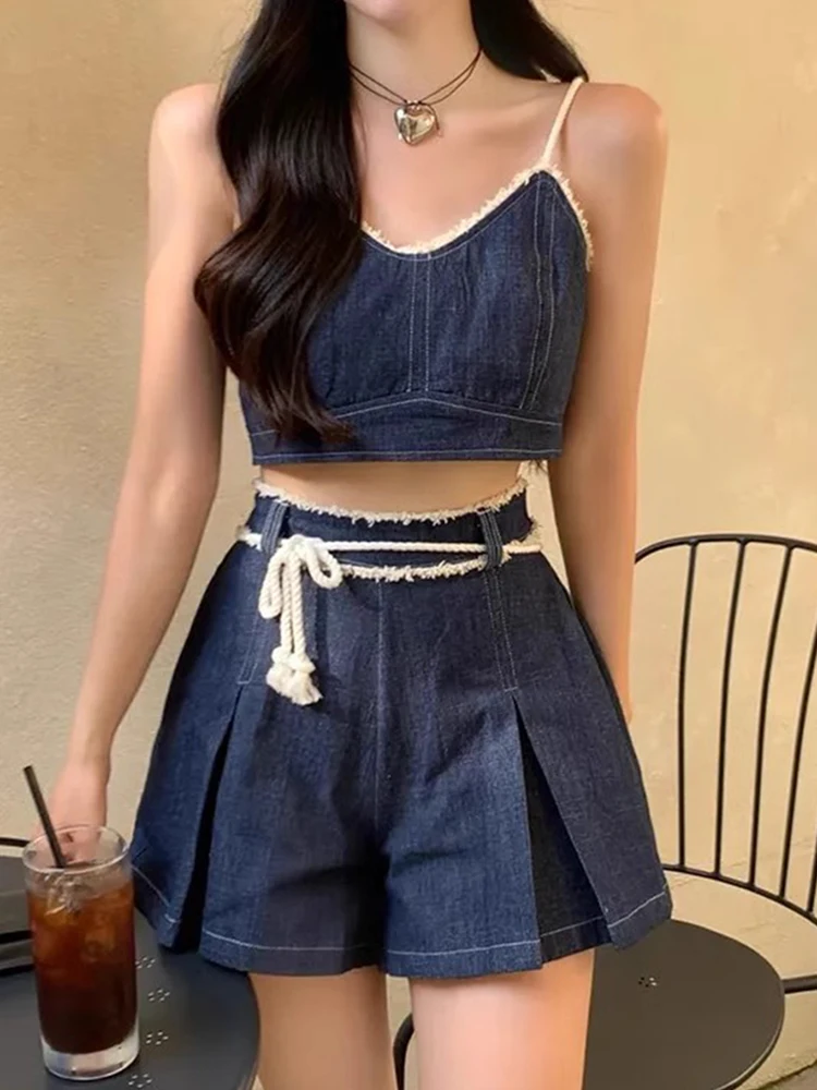 

Vintage Fashion Outfits 2 Piece Skirts Set Blue Raw Edge Denim Camisole + Women Sexy Gyaru Zipper A-line Skirt Coquette Trend