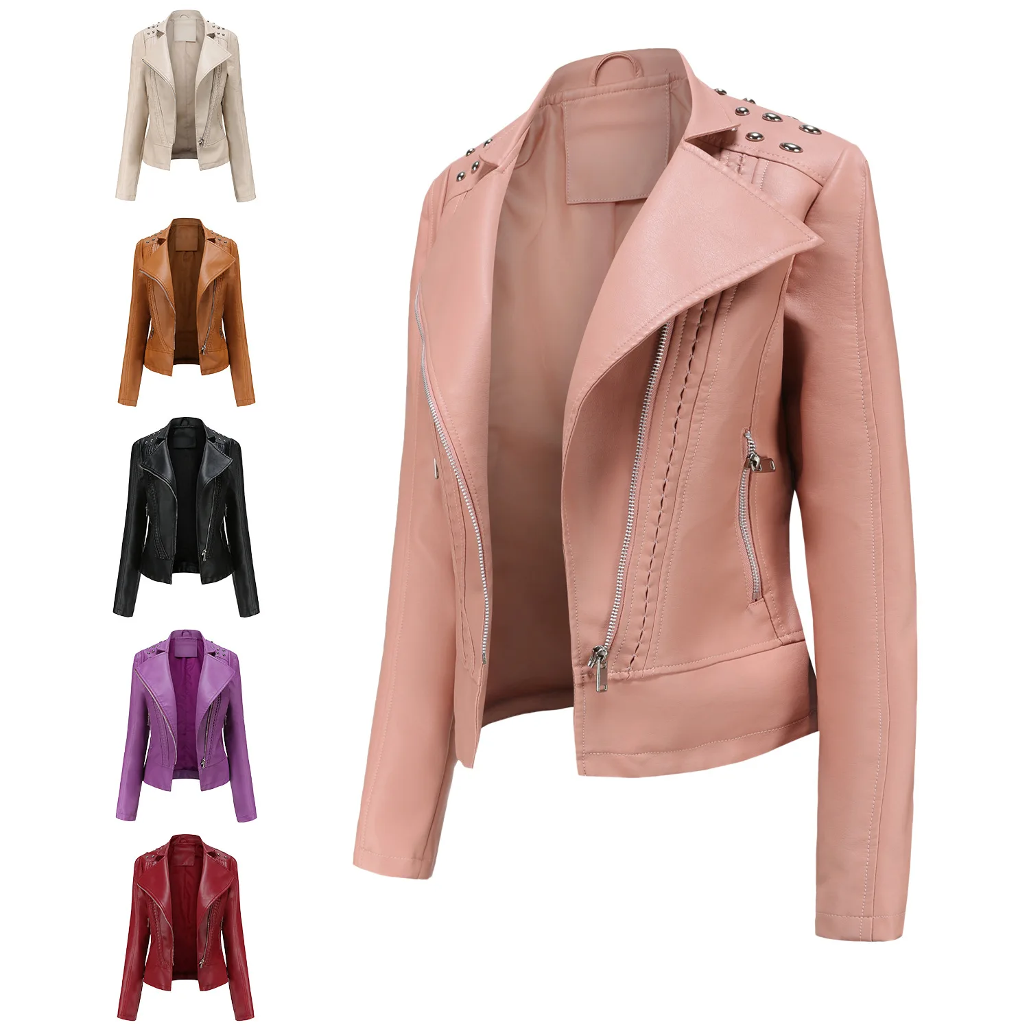 2024 new women's beaded leather long-sleeved fashion jacket lapel motorcycle suit