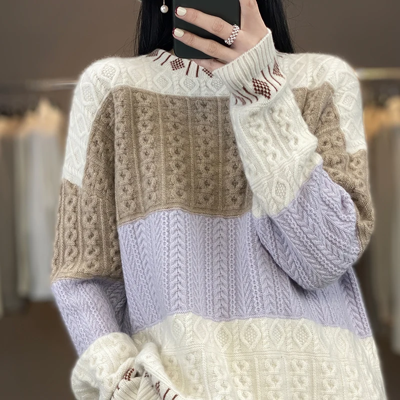 

New cashmere sweater in autumn and winter women's padded sweater O-neck color matching loosely knitted 100% pure wool pullover