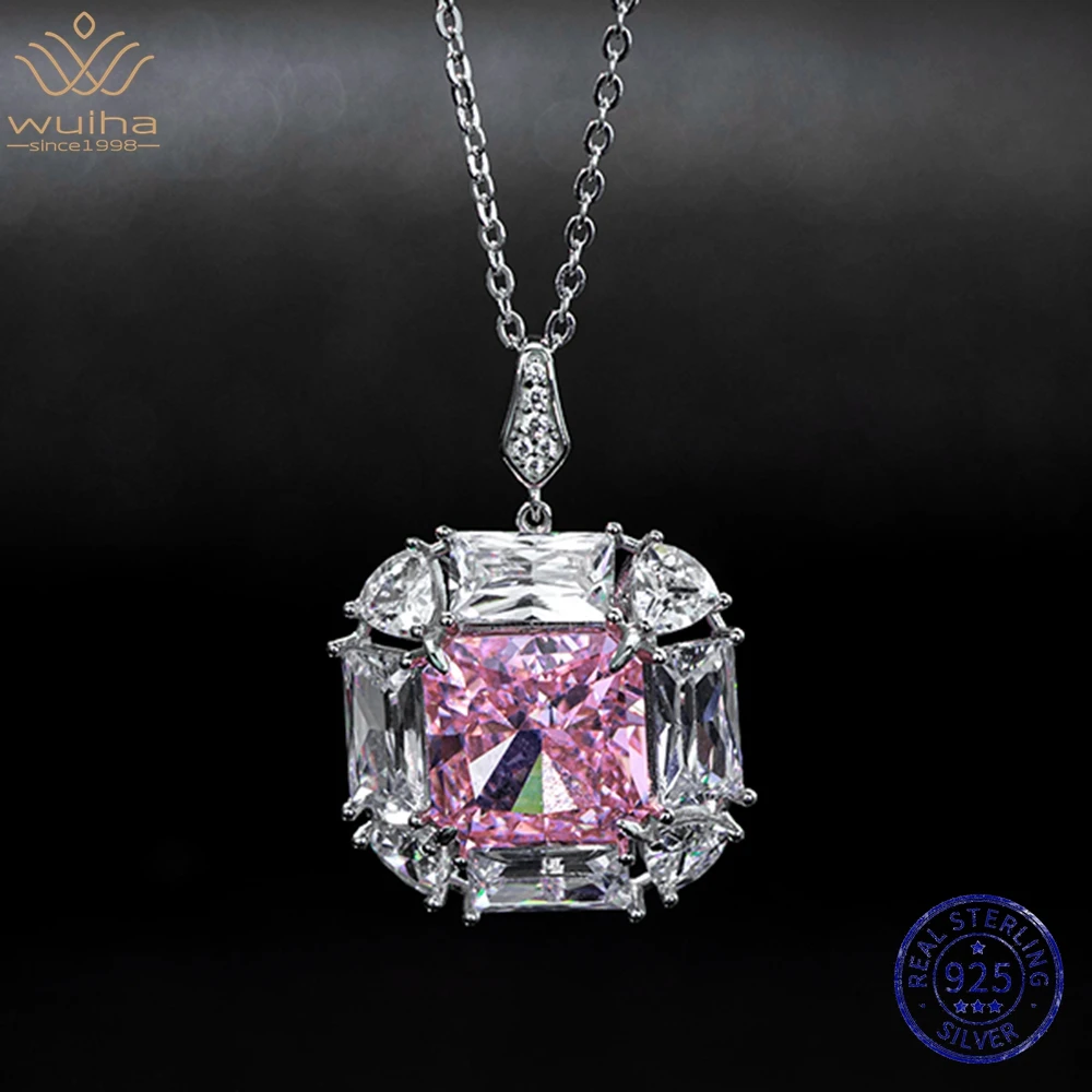 

WUIHA Real 925 Sterling Silver Crushed Ice Cut 12*12MM Pink Sapphire Created Moissanite Diamond Pendant Necklaces for Women Gift