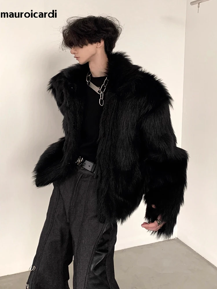 Mauroicardi Winter Short Cool Thick Warm Soft Black Hairy Faux Fox Fur Coat Men Long Sleeve Luxury Designer Fluffy Jacket 2023