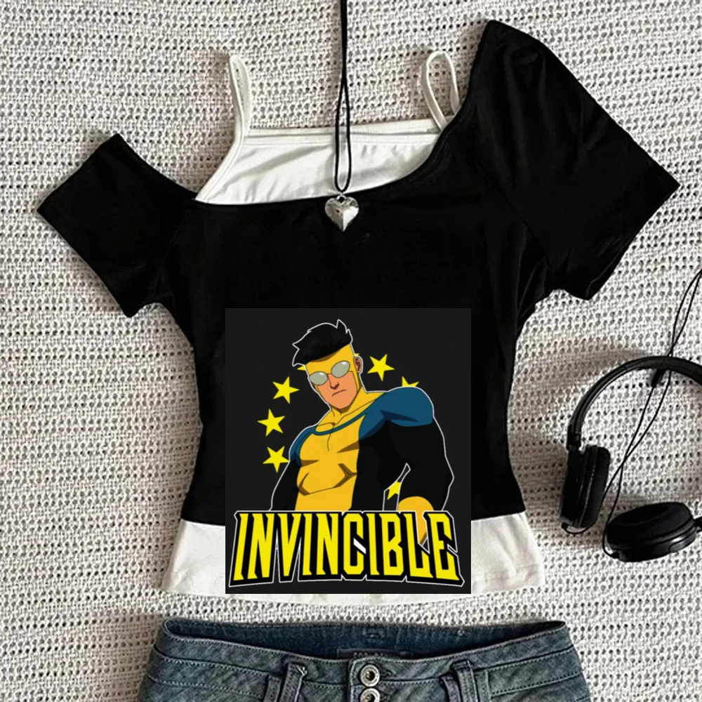 Invincible crop top women vintage scene  baddie t-shirt cheap cutecore gyaru