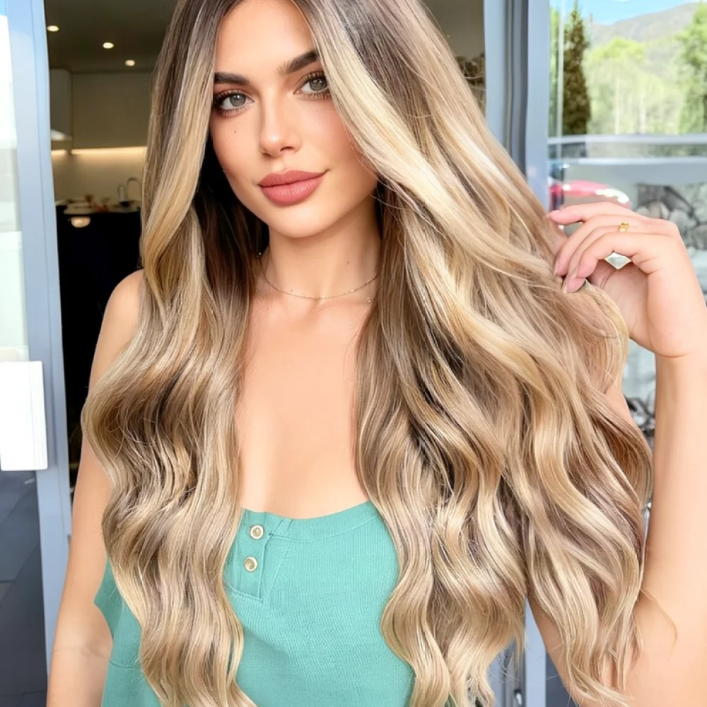 Long Wavy Synthetic Wig For For Haircube Middle Part Gradient Highlight Hairpiece Natural Heat Resistant Fiber Cosplay Daily Use