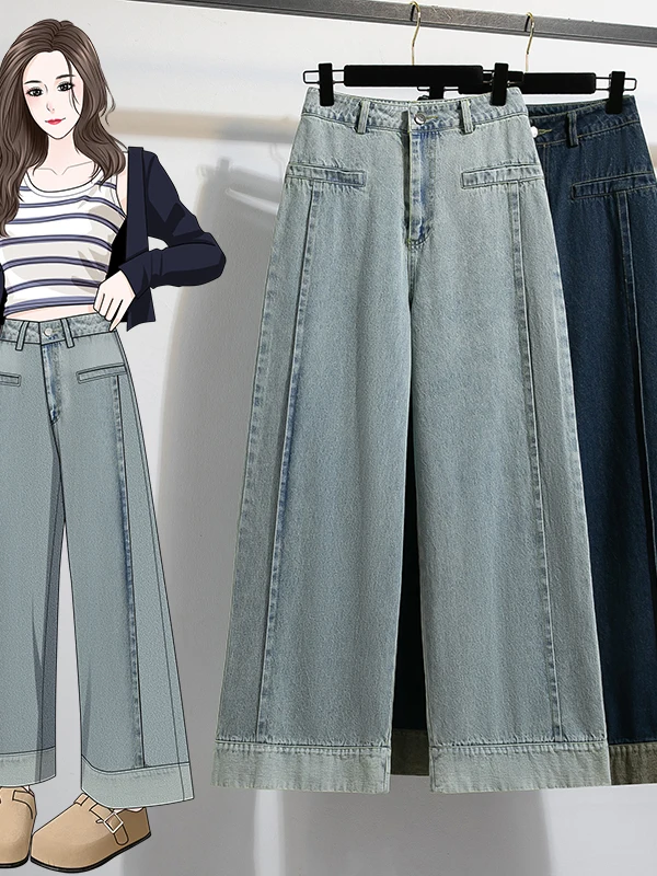 High Waist Wide Leg Nine-Tenths Cuffed Design Deep Blue Denim Pants Vintage Straight Cut Autumn High Waist Ladies Jeans