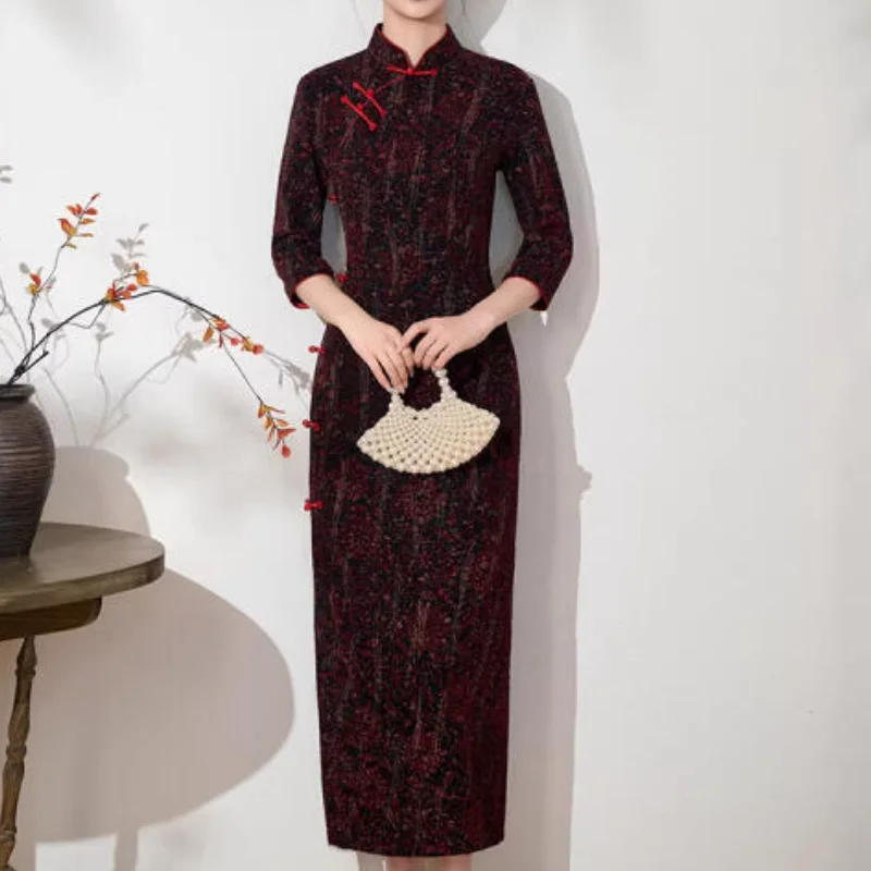 vintage-button-women-qipao-satin-beads-cheongsam-three-quarter-sleeve-chinese-style-dress-mandarin-collar-dailu-casuap-vestidos