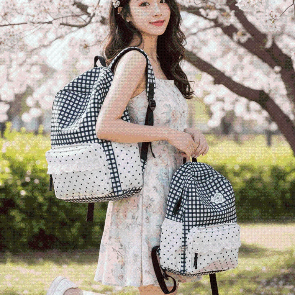 Korean Style Gingham Backpack Pastel Colors Polka Dot Lace Schoolbag Heart Embroidery Ruffle Design Plaid Daypack Teenager Girls