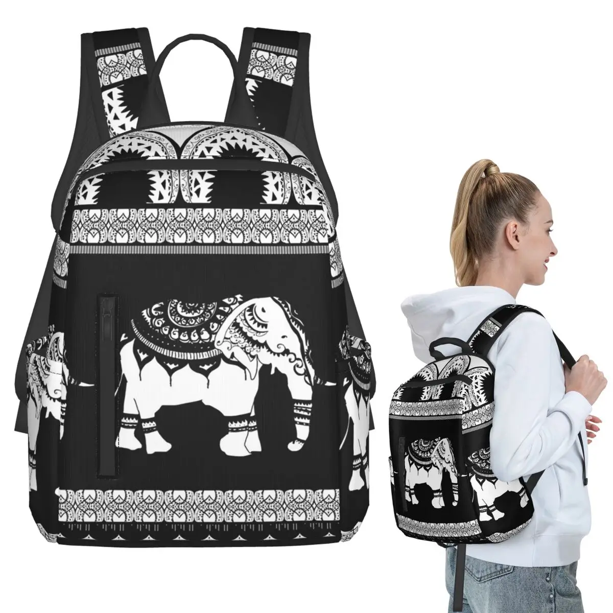 

Black White Ethnic Elephant Totem Backpack Student BookBag Kids School Bag Computer Shoulder Bags Men Women