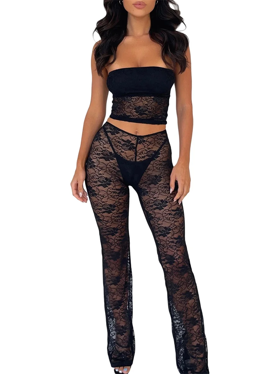 

Women Summer Pants Outfits Sexy Lace Strapless Boat Neck Backless Tube Tops See Through Long Pants 2 Pieces Fashion Fenale Sets