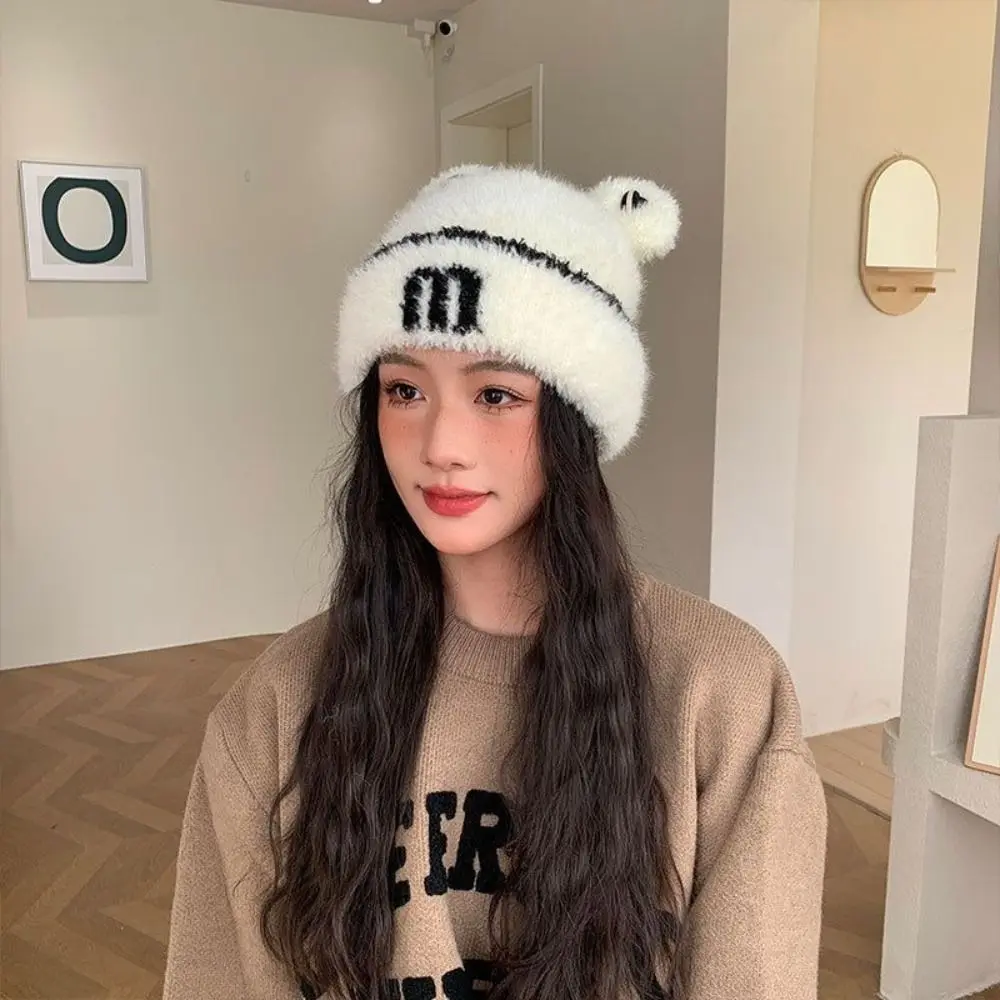 Thick Warm Cat Ear Beanie Material Winter/Autumn Wear Beanie Hat Heart Decoration Letter Pattern Ear Flap Cap
