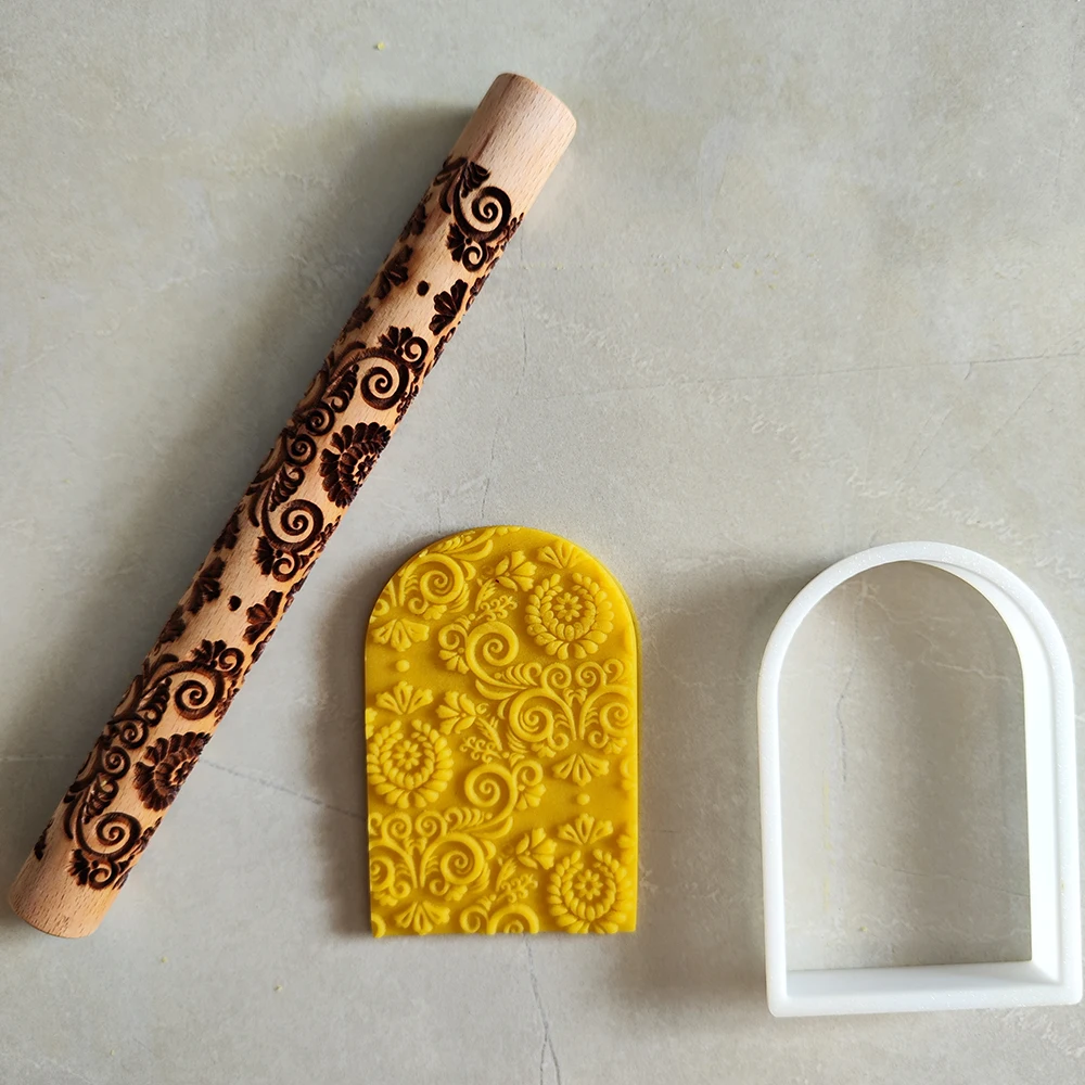 Nordic Style Flower Textured Wooden Embossed Rolling Pin Housewarming Gift Fondant Sugar Craft Cake Decorating Bakery Tools