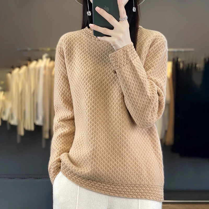 

CAIXINGLE Honeycomb Hollow Round Neck Women's Sweater Autumn Winter New 100% Wool Pullover Fashion Versatile Knitted Top