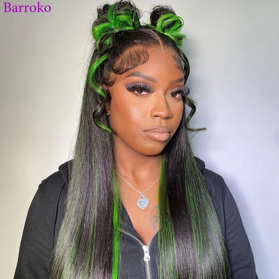 Barroko Highlight 34 Inch Transaprent Lace Frontal 1B Green Colored Straight Human Hair Wig Brazilian Pre Plucked Wig Human Hair