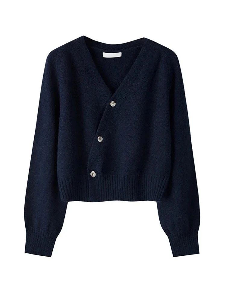 Autumn Winter Skew Button Cardigan V-neck Sweater Women Knitted Long Sleeve Tops Korean Loose Solid Cashmere Woman Sweater