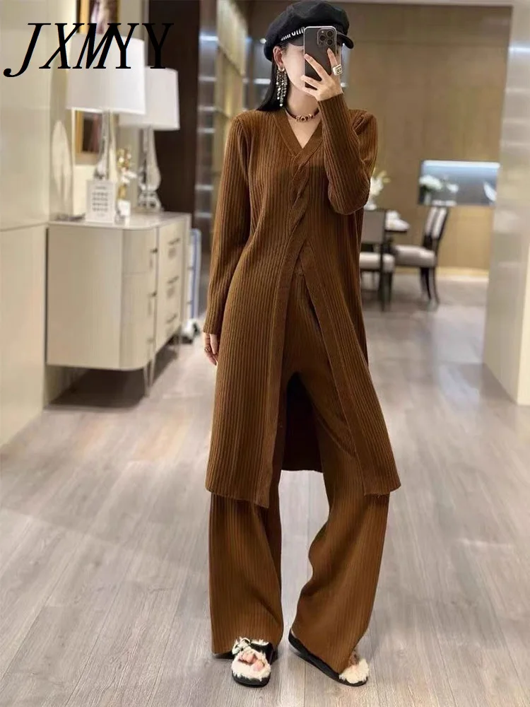 

JXMYY-Temperament Atmospheric Suit for Women, Loose Long Twist Split Knit Skirt Wide Leg Pants 2-Piece Set Autumn and Winter New