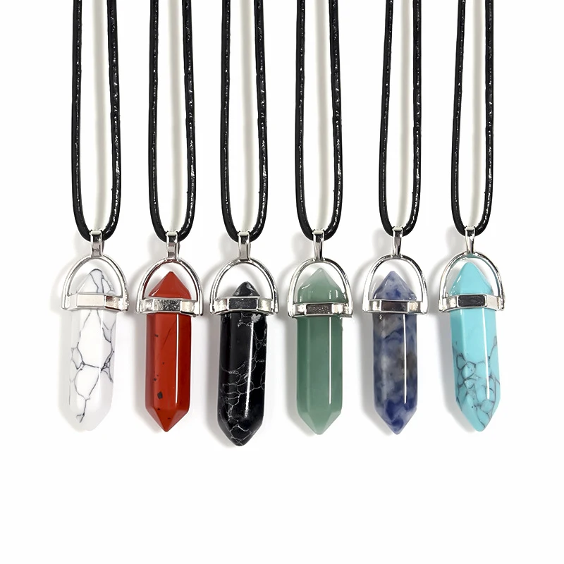 Hexagonal Column Quartz Necklace Turquoises Pink Crystal Pendents Necklace for Women Leather Chain Natural Stone Choker Necklace