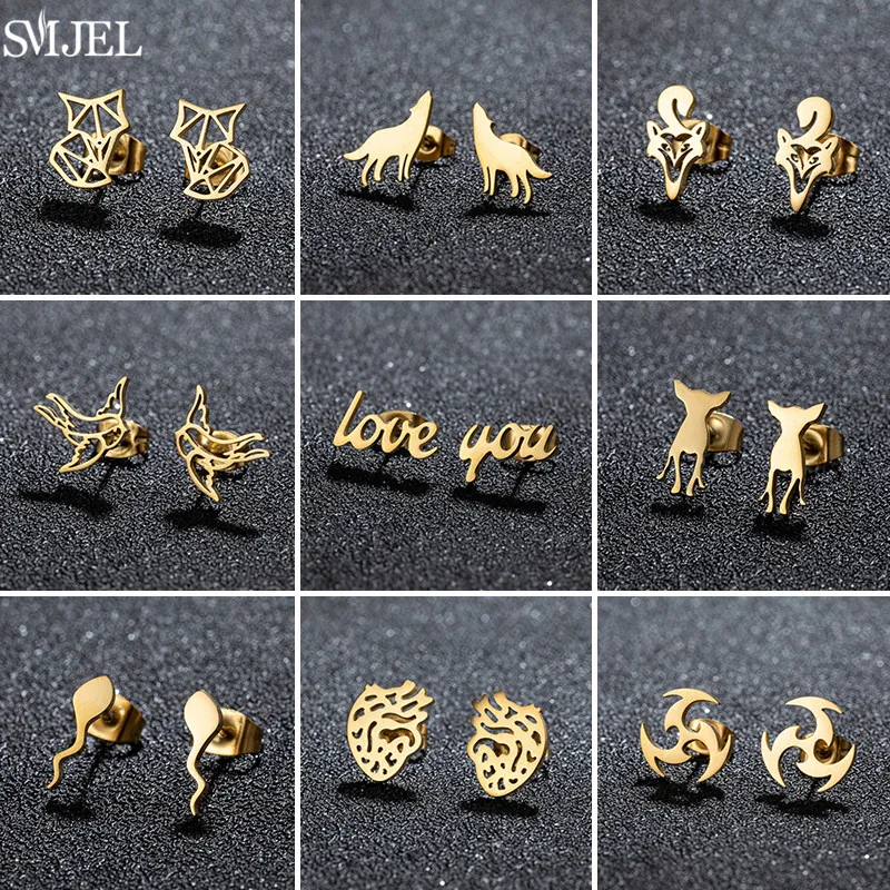 Mini Stainless Steel Earrings Geometric for Men Women Minimalist Swallow Fox Wolf Earings Punk Darts Ear Studs Boyfriend Gifts