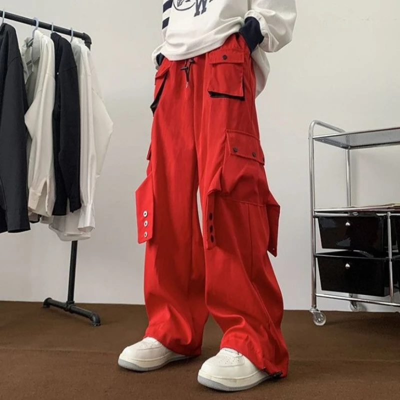 

Red Baggy Multi Pockets Straight Cargo Pants for Men Vintage Cheap High Quality Street Long Casual Spring Summer Trousers Man
