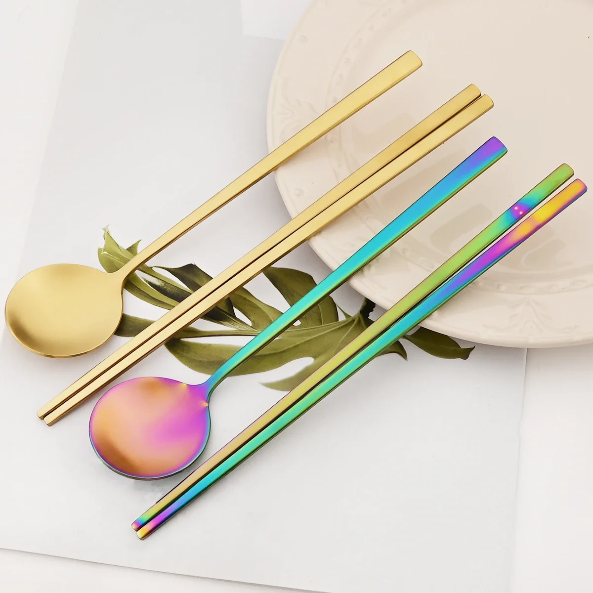 2pcs Sushi Chopsticks Soup Spoon Stainless Steel Flatware High Quality Korean Dinnerware Set Matte Reusable Western Tableware
