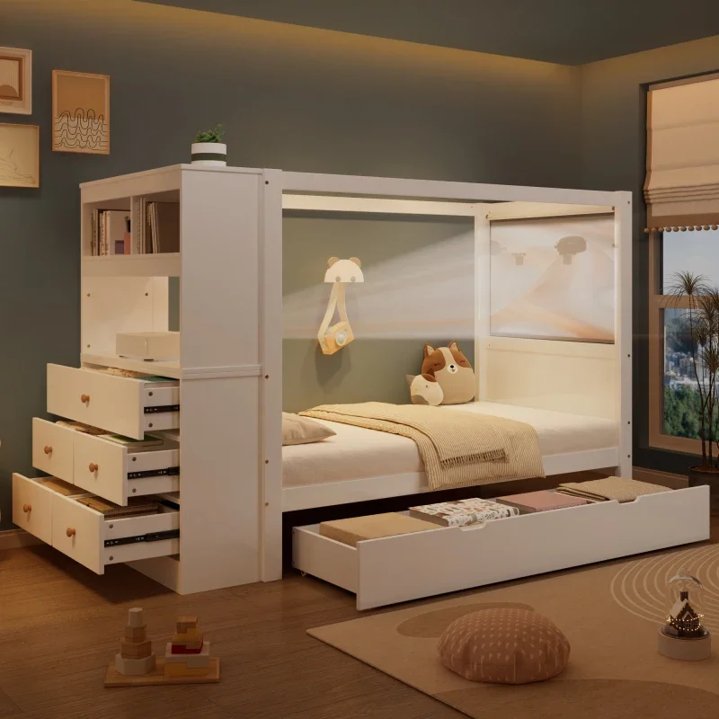 Lit simple, lit enfant avec protection anti-chute et grille, lit en bois avec rangement, armoire de rangement avec 5 tiroirs, tiroir avec roulettes, beaucoup de rangement, pin+PB, blanc+bois naturel, 90x200cm