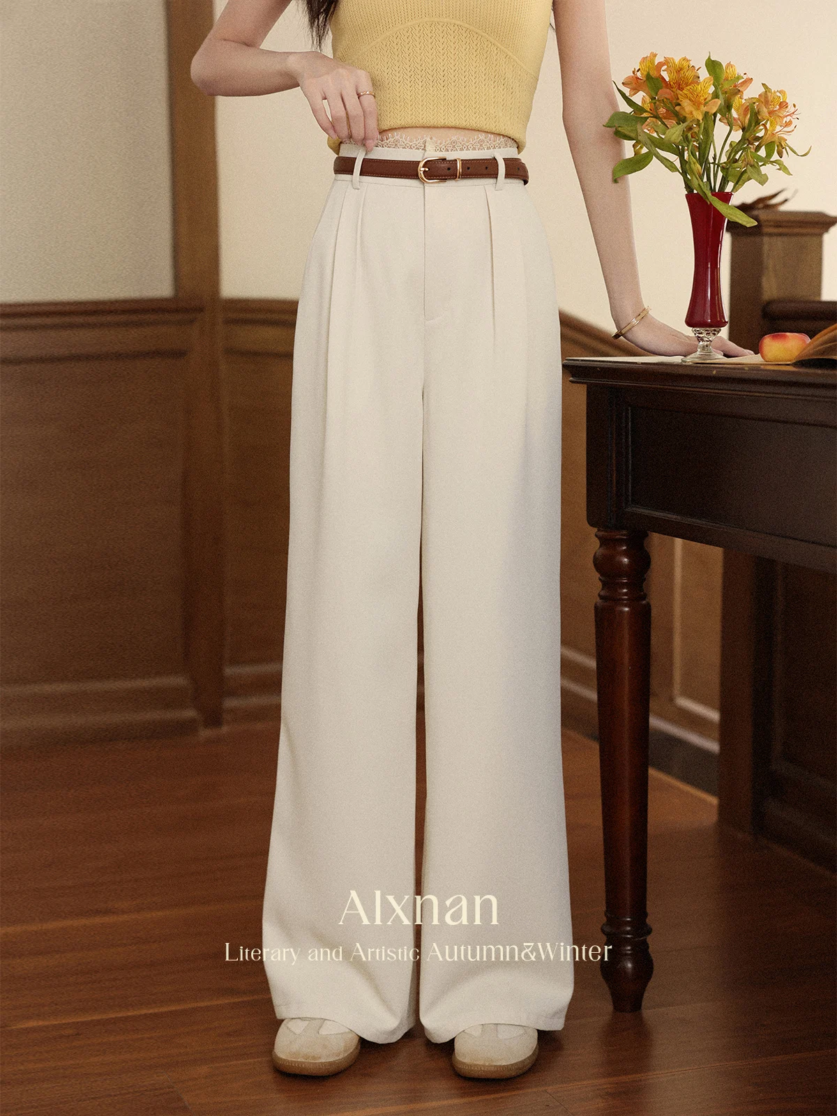ALXNAN pantalon femme droit jambe large bureau dame Baggy pantalon automne clair abricot dentelle panneau taille pantalon décontracté L56771