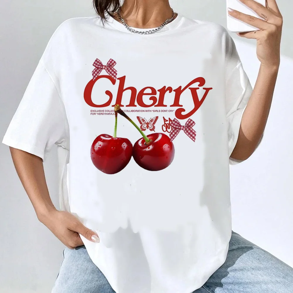 Cherry t-shirt female Vintage streetwear Y2k 80s University Grunge shirt anime women Pop Culture Psychedelic