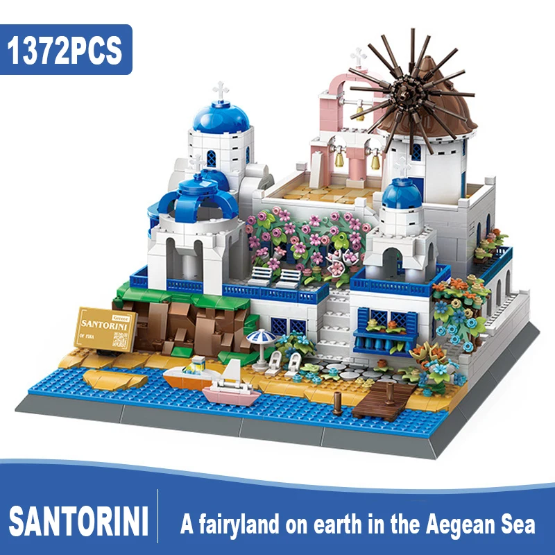 

1372pcs Santorini Greece Architecture Building Blocks Kit,MOC Mediterranean Island Landmark Model Decorative Assembly Toys Gift