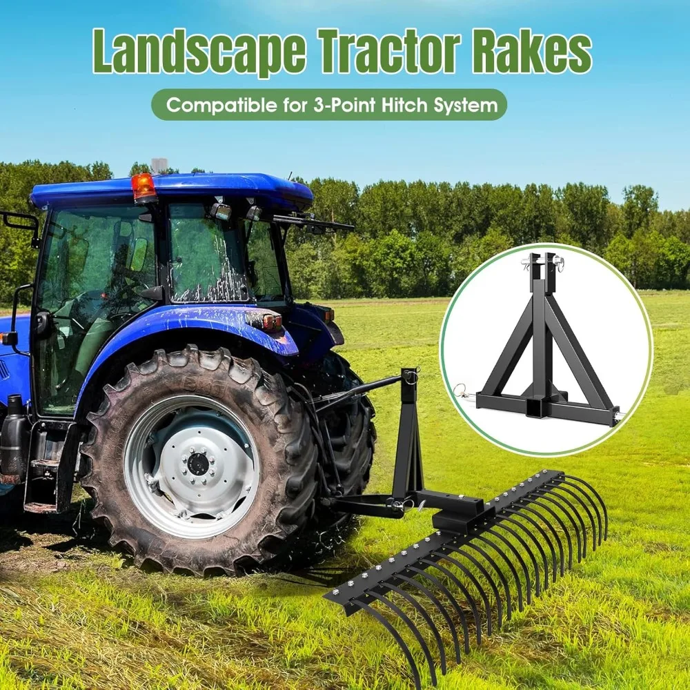60 Inch Landscape Rake, 3 Point Attach Rock Rake Fit for 2 Inch Receiver with 360 Degree Rotation, Tow-Behind Garden Tool for Co